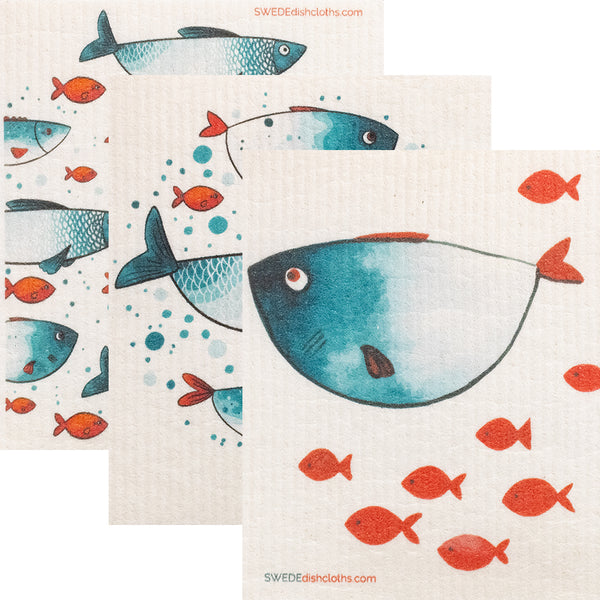 Swedish Dishcloth Mixed Blue Fish Set of 3 Sponge cloths