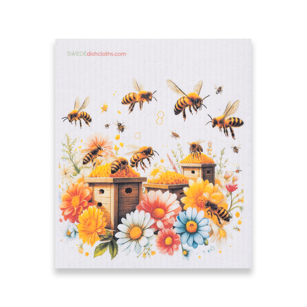 Eco-Friendly Swedish Dishcloths - Bees with Wood Beehive (Paper Towel Replacement)