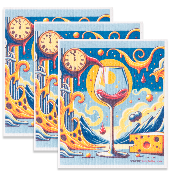 Eco-Friendly Swedish Dishcloths - Surreal Wine Clock Set of 3 (Paper Towel Replacements)