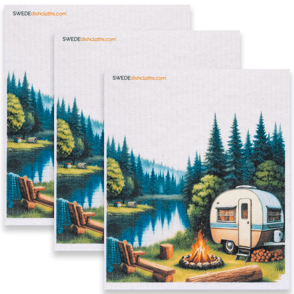 Eco-Friendly Swedish Dishcloths - Camper and Fire Set of 3 (Paper Towel Replacements) - SWEDEdishcloths.com