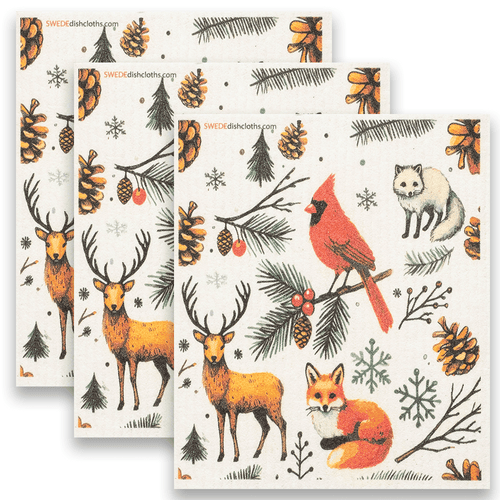 Eco-Friendly Swedish Dishcloths - Christmas Cardinal with Animals Set of 3 (Paper Towel Replacements) - SWEDEdishcloths.com