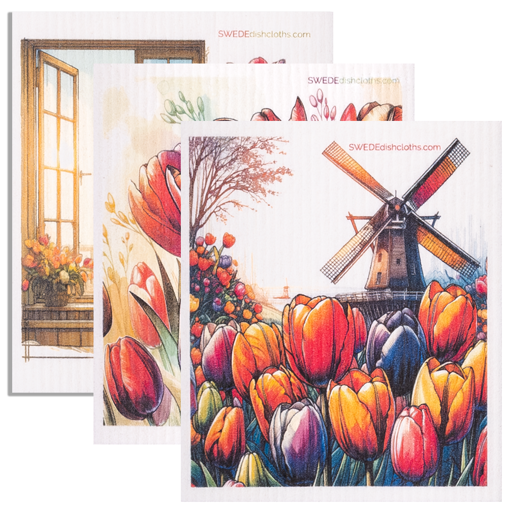 Eco-Friendly Swedish Dishcloths - Mixed Tulips Set of 3 (Paper Towel Replacements, One of Each Design) - SWEDEdishcloths.com