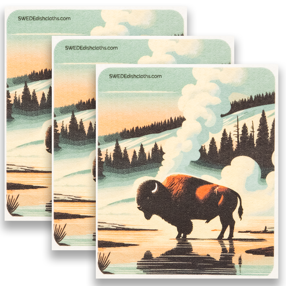 Eco-Friendly Swedish Dishcloths - Bison near Guyser Set of 3 (Paper Towel Replacements)