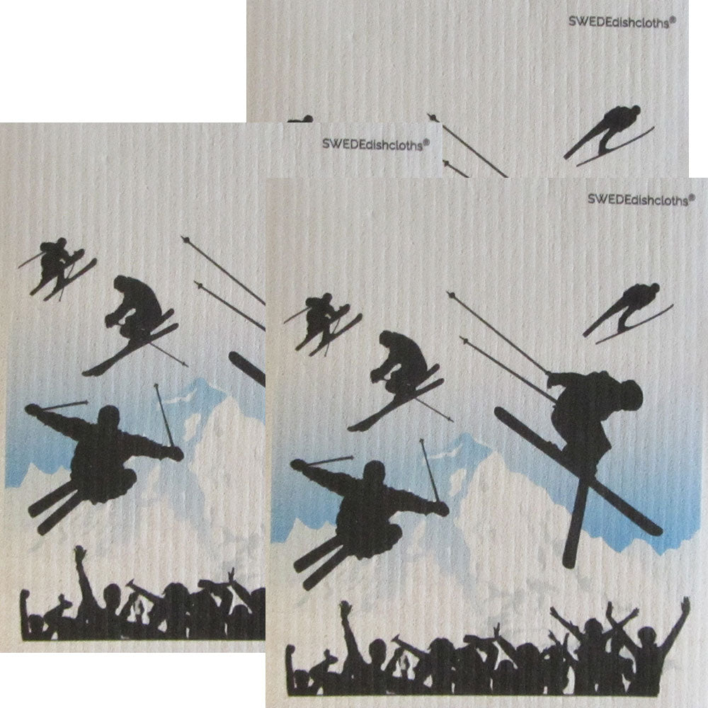 Ski Jumping Set of 3 each on white Swedish Dishcloths | ECO Friendly Absorbent Cleaning Cloth