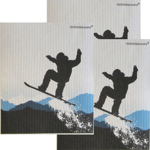 Snowboard Jumping Set of 3 each on white Swedish Dishcloths ECO Friendly Absorbent Cleaning Cloth