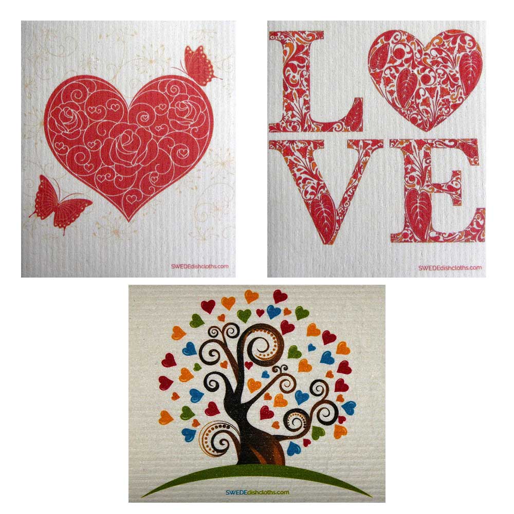 Mixed Valentine Set of 3 cloths (One of each design) Swedish Dishcloths | ECO Friendly Absorbent Cleaning Cloth | Reusable Cleaning Wipes