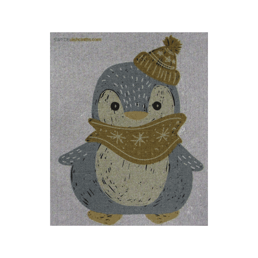 Winter Penguin on Gray ONE each Swedish Dishcloth | ECO Friendly Absorbent Cleaning Cloth | Reusable Cleaning Wipes