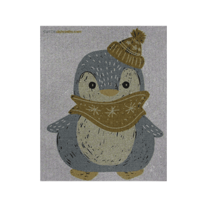 Winter Penguin on Gray ONE each Swedish Dishcloth | ECO Friendly Absorbent Cleaning Cloth | Reusable Cleaning Wipes