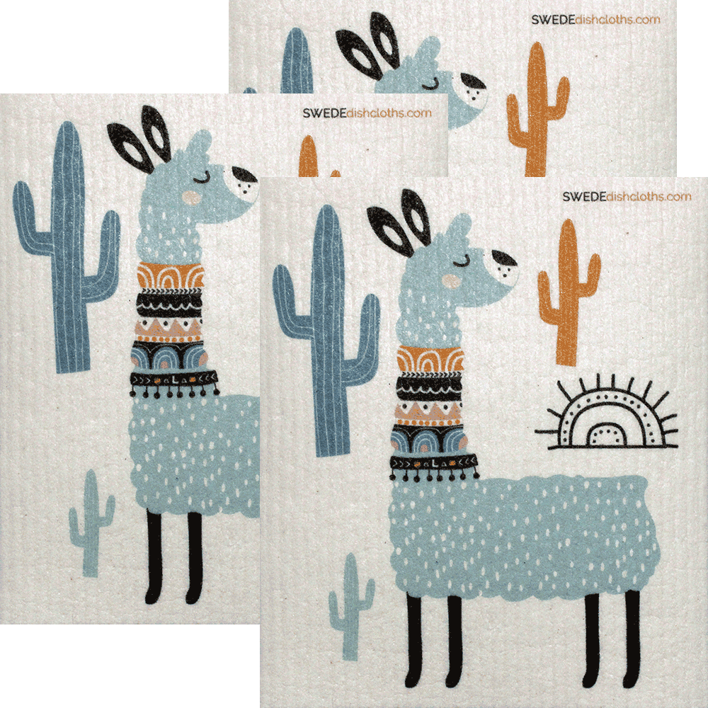 Turquoise Llama Set of 3 Swedish Dishcloths