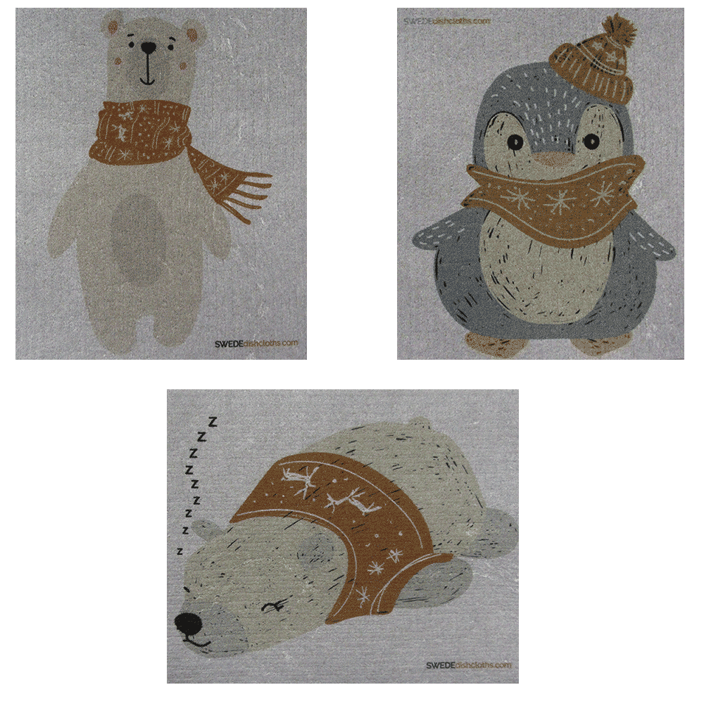 Mixed Winter Animals on Gray Set of 3 cloths (One of each design) Swedish Dishcloths ECO  Absorbent Cleaning Cloth
