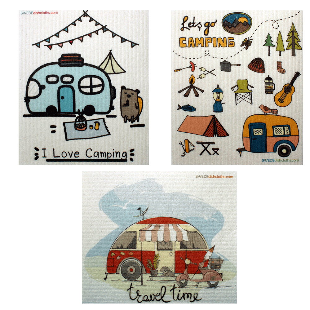 Mixed Camping Set of 3 (One of each design) Swedish Dishcloths ECO friendly,  Absorbent Cleaning Cloth