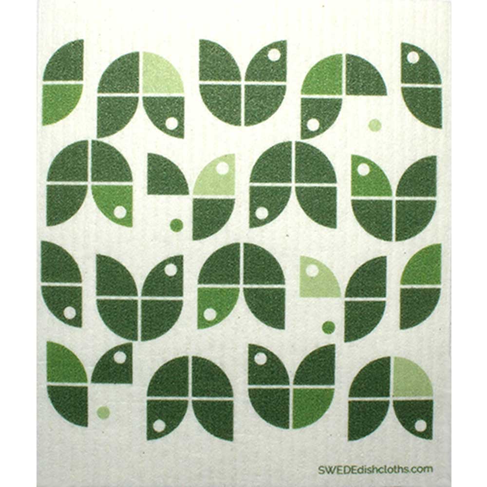 Geometric Flowers Green on White One cloth Swedish Dishcloths | ECO Friendly Absorbent Cleaning Cloth