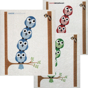 Mixed Birds in Tree Set of 3 each Swedish Dishcloths | ECO Friendly Absorbent Cleaning Cloth | Reusable Cleaning Wipes