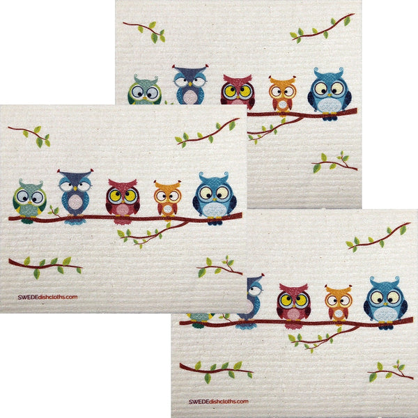 Owl Friends Set of 3 each Swedish Dishcloths | ECO Friendly Absorbent Cleaning Cloth | Reusable Cleaning Wipes