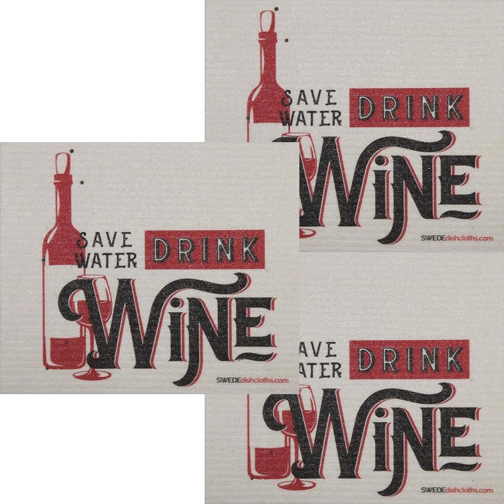 Save Water Drink Wine Set of 3 each Swedish Dishcloths | ECO Friendly Absorbent Cleaning Cloth | Reusable Cleaning Wipes - SWEDEdishcloths.com