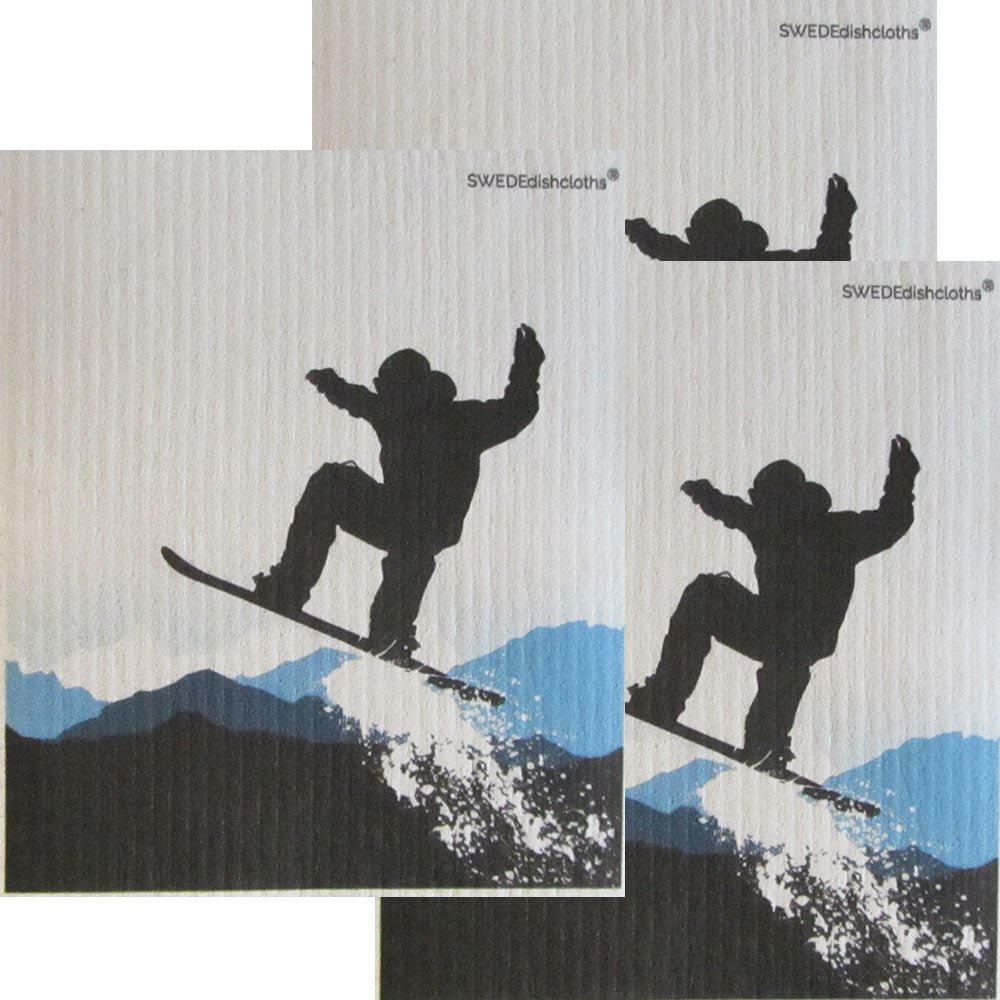 Snowboard Jumping Set of 3 each on white Swedish Dishcloths ECO Friendly Absorbent Cleaning Cloth - SWEDEdishcloths.com