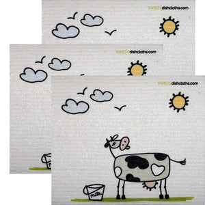 Swedish Dishcloth  Set of 3 each Swedish Dishcloths Fun Cow in Sun Design