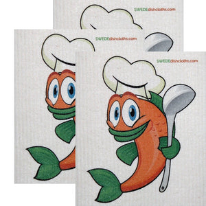 Swedish Dishcloth Set of 3 each Swedish Dishcloths Orange Fish Chef Design - SWEDEdishcloths.com