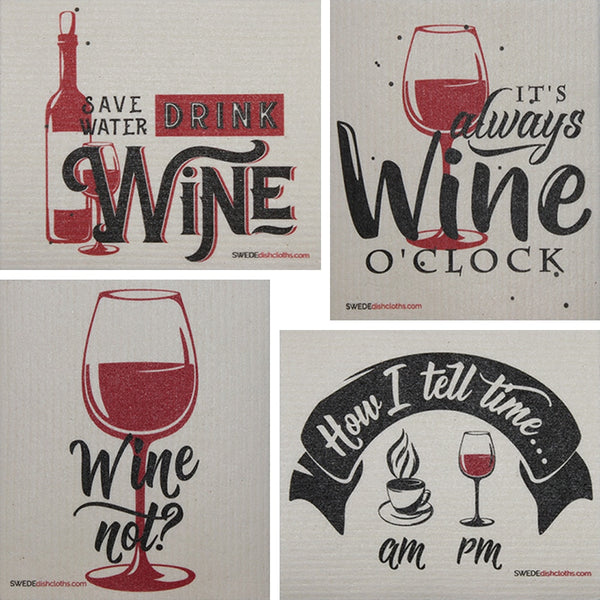 Wine Time Sayings Set Of 4 Each Swedish Dishcloths | Eco Friendly Absorbent Cleaning Cloth | Reusable Cleaning Wipes - 4